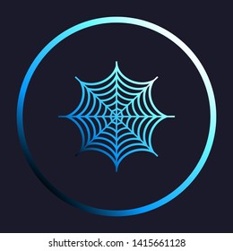 Spider on web illustration. White, cyan and blue gradient icon as round button in white shell at dark blue background. Illustration.