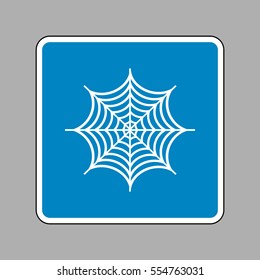 Spider on web illustration. White icon on blue sign as background.
