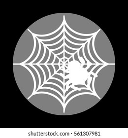 Spider on web illustration White icon in gray circle at black background. Circumscribed circle. Circumcircle.