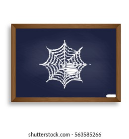 Spider on web illustration White chalk icon on blue school board with shadow as background. Isolated.