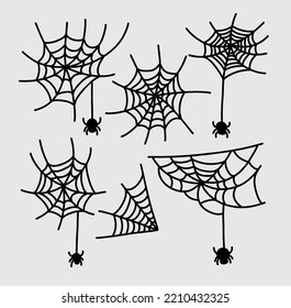 Spider on web isolated on white background. Set vector illustration