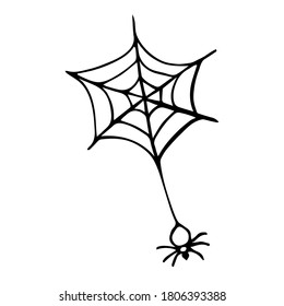 Spider on web monster doodle vector icon. Hand drawn halloween decor element illustration. Cobweb scary silhouette design symbol. Mystical horror sign linear isolated drawing 