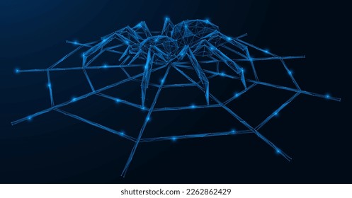 Spider on a web. Polygonal design of interconnected lines and points. Blue background.