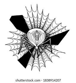 Spider on web. Print, tatoo. Hand drawn vector illustration isolated on white background.