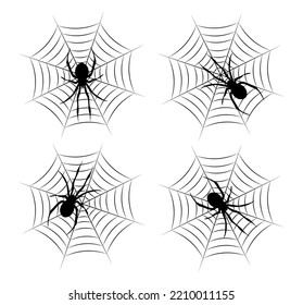 Spider on web silhouette set.
Halloween monochrome spider web and spiders isolated on white background.