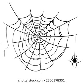 Spider on web simple black silhouette icon for Halloween isolated on white background. Flat style spiderweb or cobweb symbol vector illustration. Graphic design element.