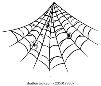 Spider on web simple black silhouette icon for Halloween isolated on white background. Flat style spiderweb or cobweb symbol vector illustration. Graphic design element.