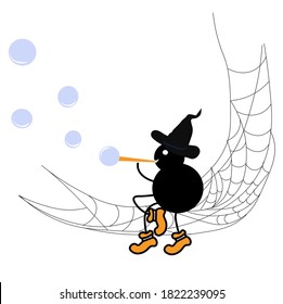 Spider on a web vector stock illustration. A kind cute spider for Halloween lets soap bubbles into the pipe. Children's fall festival trick-or-treating. Isolated on a white background.