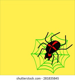spider over net on yellow background, hand draw illustration