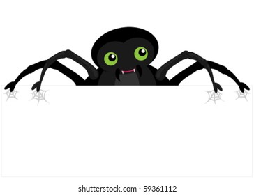 Spider peeping over the top of a blank sign (white rectangle). The spider is individually grouped so he could be put on the top of any rectangular shape.