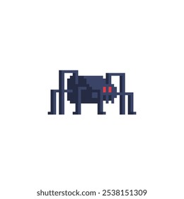 Ícone do Halloween da arte com pixels de aranha. Veneno perigoso, tecnologia de vírus. App, web e design digital. 8 bits. Sprite de videogame. Design de tricô. Ativos do jogo. Ilustração isolada de vetor abstrato. 