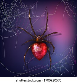 
Spider with a red diamond heart and a multi-colored web