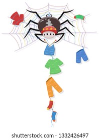 A spider with a red hat sits in a multicoloured web knitting an assortment of clothes from its own silk