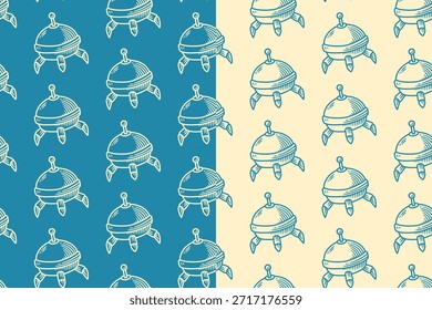 Spinne Roboter handgezeichnete doodle nahtlose Muster auf blauem beigem Hintergrund Set für Kinder Merchandise. Futuristische Drohne Roboter Gravur Muster Hintergrund. Weltraum Galaxie Roboter Schlüpfmotiv Tapete