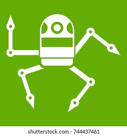 Spider robot icon white isolated on green background. Vector illustration