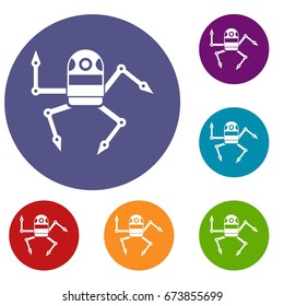 Spider robot icons set in flat circle reb, blue and green color for web