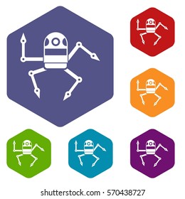 Spider robot icons set rhombus in different colors isolated on white background