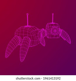 Spider robot with radar antenna. Nanobot, nanotechnology medical concept. Wireframe low poly mesh vector illustration