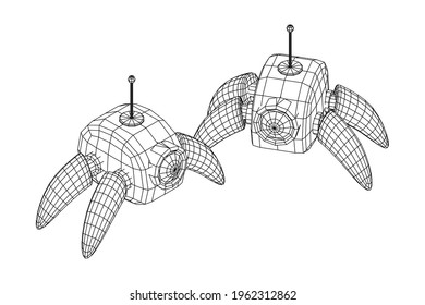 Spider robot with radar antenna. Nanobot, nanotechnology medical concept. Wireframe low poly mesh vector illustration