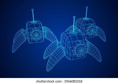 Spider robot with radar antenna. Nanobot, nanotechnology medical concept. Wireframe low poly mesh vector illustration