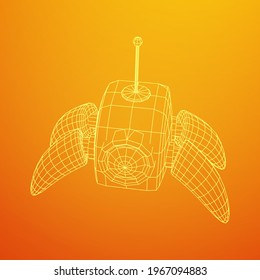 Spider robot with radar antenna. Nanobot, nanotechnology medical concept. Wireframe low poly mesh vector illustration