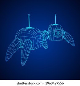 Spider robot with radar antenna. Nanobot, nanotechnology medical concept. Wireframe low poly mesh vector illustration