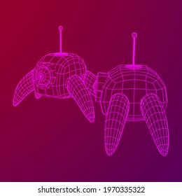 Spider robot with radar antenna. Nanobot, nanotechnology medical concept. Wireframe low poly mesh vector illustration