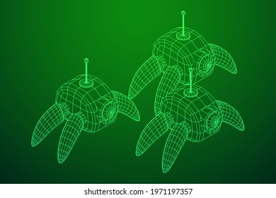 Spider robot with radar antenna. Nanobot, nanotechnology medical concept. Wireframe low poly mesh vector illustration