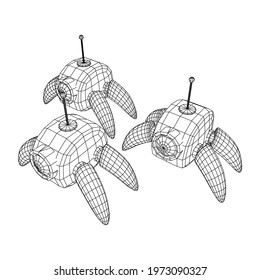 Spider robot with radar antenna. Nanobot, nanotechnology medical concept. Wireframe low poly mesh vector illustration