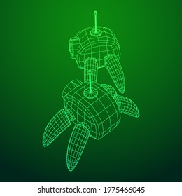 Spider robot with radar antenna. Nanobot, nanotechnology medical concept. Wireframe low poly mesh vector illustration