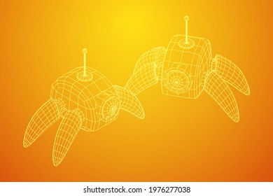 Spider robot with radar antenna. Nanobot, nanotechnology medical concept. Wireframe low poly mesh vector illustration