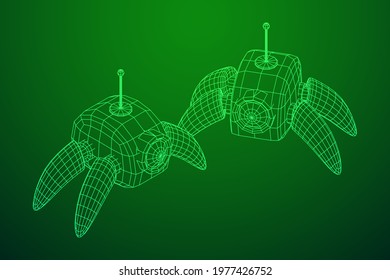 Spider robot with radar antenna. Nanobot, nanotechnology medical concept. Wireframe low poly mesh vector illustration