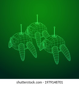 Spider robot with radar antenna. Nanobot, nanotechnology medical concept. Wireframe low poly mesh vector illustration