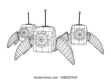 Spider robot with radar antenna. Nanobot, nanotechnology medical concept. Wireframe low poly mesh vector illustration