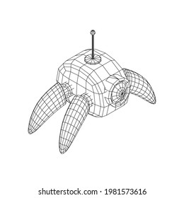 Spider robot with radar antenna. Nanobot, nanotechnology medical concept. Wireframe low poly mesh vector illustration