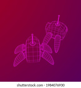 Spider robot with radar antenna. Nanobot, nanotechnology medical concept. Wireframe low poly mesh vector illustration