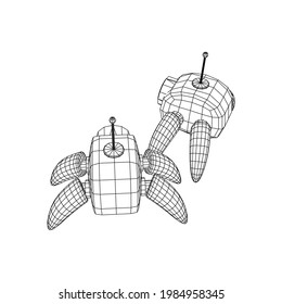 Spider robot with radar antenna. Nanobot, nanotechnology medical concept. Wireframe low poly mesh vector illustration