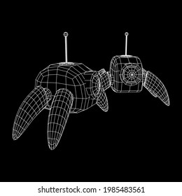 Spider robot with radar antenna. Nanobot, nanotechnology medical concept. Wireframe low poly mesh vector illustration