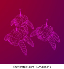 Spider robot with radar antenna. Nanobot, nanotechnology medical concept. Wireframe low poly mesh vector illustration