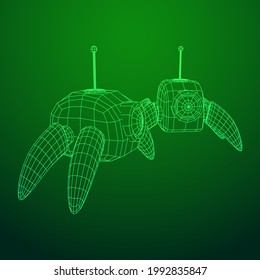 Spider robot with radar antenna. Nanobot, nanotechnology medical concept. Wireframe low poly mesh vector illustration