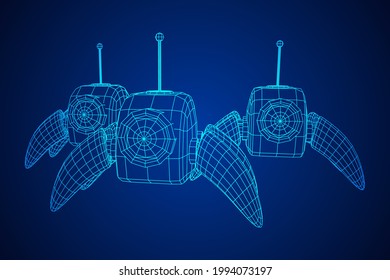 Spider robot with radar antenna. Nanobot, nanotechnology medical concept. Wireframe low poly mesh vector illustration