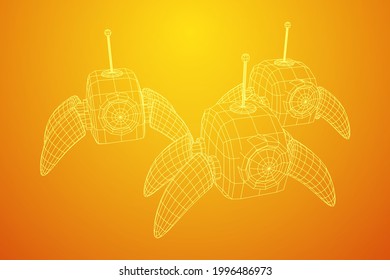 Spider robot with radar antenna. Nanobot, nanotechnology medical concept. Wireframe low poly mesh vector illustration