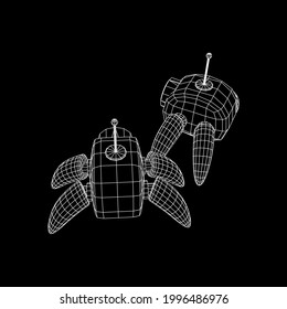 Spider robot with radar antenna. Nanobot, nanotechnology medical concept. Wireframe low poly mesh vector illustration