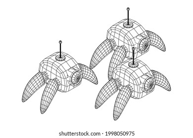 Spider robot with radar antenna. Nanobot, nanotechnology medical concept. Wireframe low poly mesh vector illustration