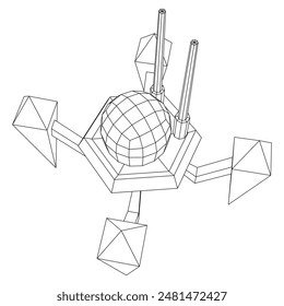 Spider robot with radar antenna. Nanobot, nanotechnology medical concept. Wireframe low poly mesh vector illustration