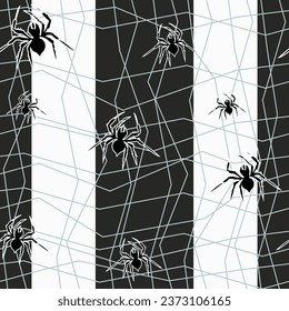 Spider seamless pattern. Black and white background with spiders. Vector illustration.