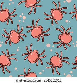 Spider seamless pattern. Cute kawaii cartoon. Endless vector illustration for Halloween. Magic fabric, wrapping paper print, background. Colorful bright line art