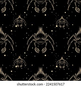 spider seamless pattern on black background. Gold on a black background. Magical atmosphere.