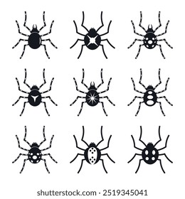 Spinnenset in schwarz-weißer Farbkollektion von Spinnen. Halloween Spinne schwarze Silhouette Vektorgrafik-Set. Vektor Urlaub Oktober Poster.