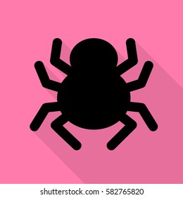 Spider sign illustration. Black icon with flat style shadow path on pink background.